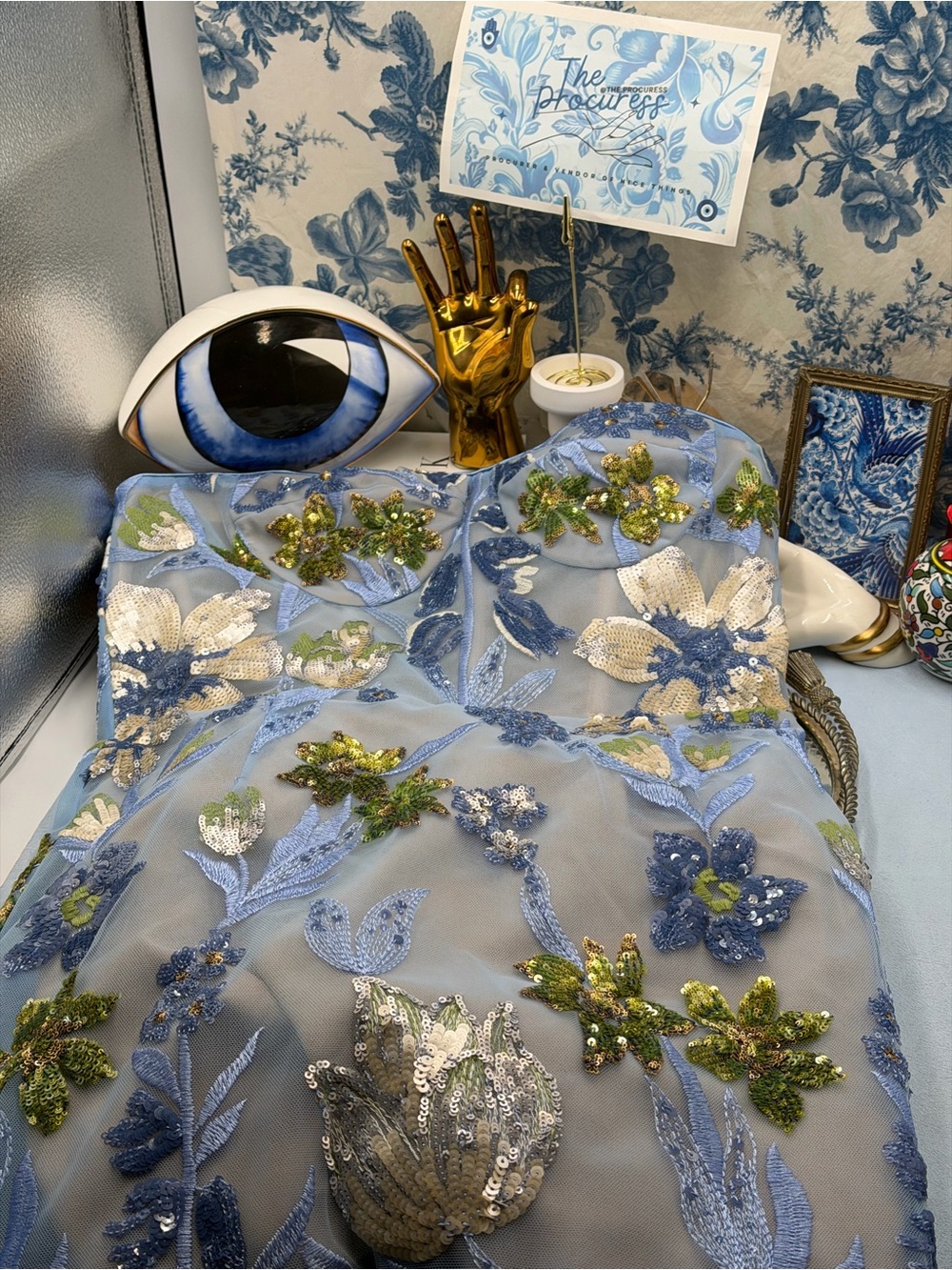 🆕 BRONX & BANCO 🧿 NWOT Dahlia Floral Gown, Baby Blue Multi Maxi - Sz L US 8 - Picture 14 of 17